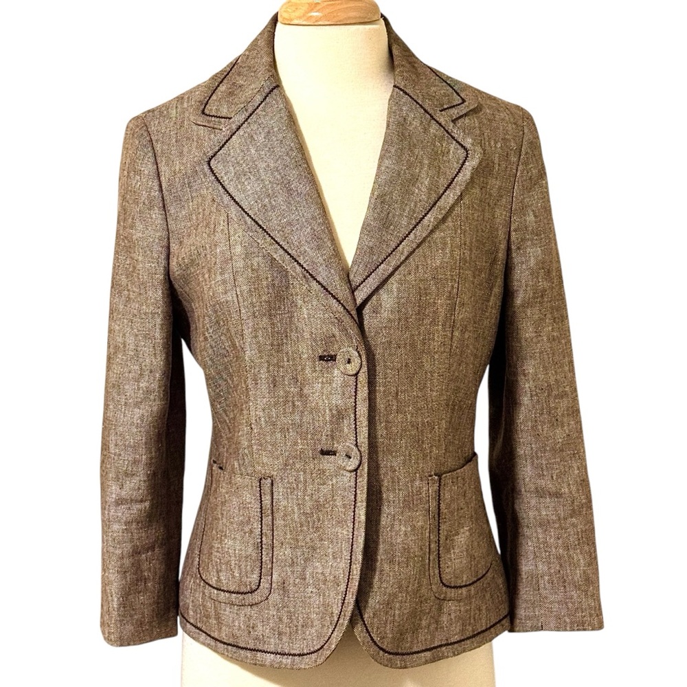 Ann Taylor heavy linen brown blazer with dark brown stitching and patch pockets